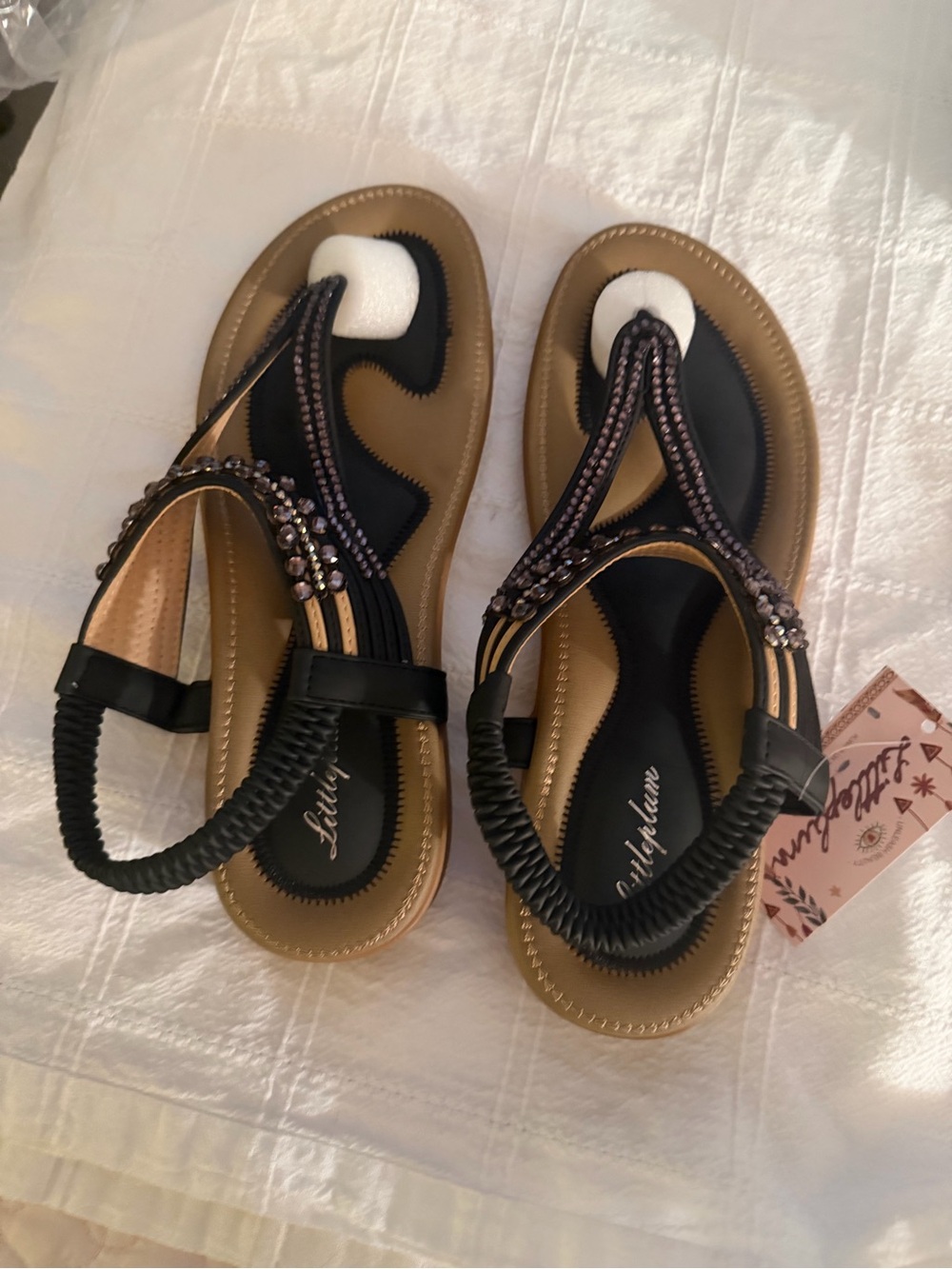 Lily Bloom Black and Tan Beaded T-Strap Sandals for Women